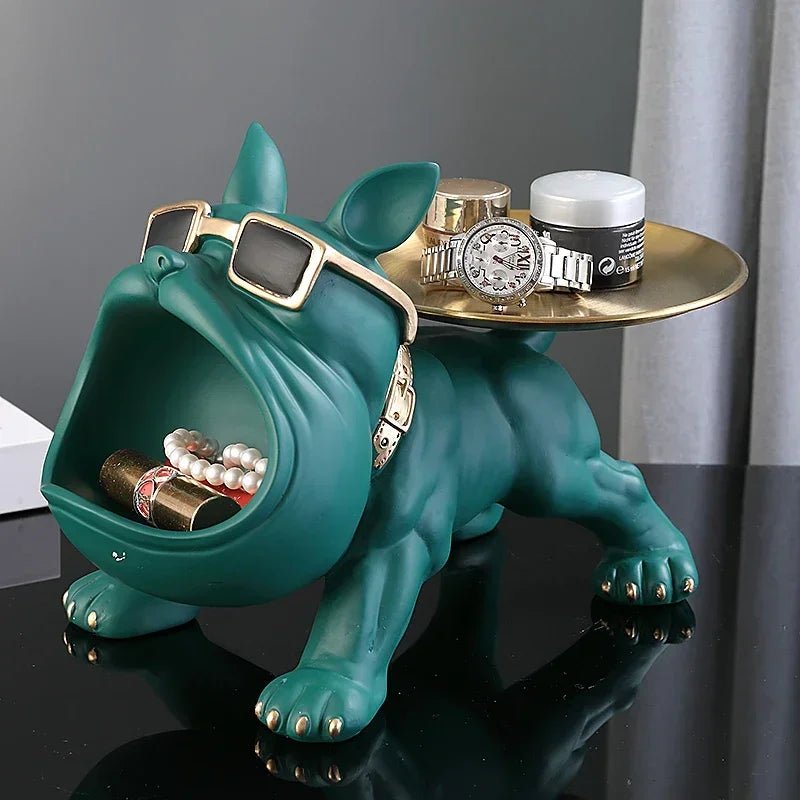 Virelle Maison - Statue décorative en résine chien bulldog avec plateau de rangement